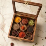 Premium Sheesham Wood Spice Box with 9 Round Containers & Spoon