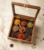 Premium Sheesham Wood Spice Box with 9 Round Containers & Spoon